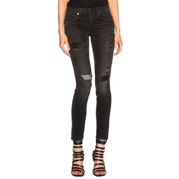 R13 Alison Crop Skinny Low Rise Black Shredded Distressed Jeans 24 - Picture 1 of 12